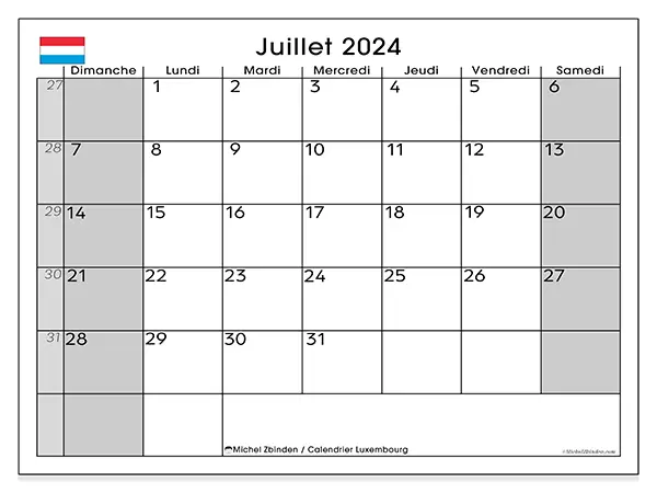 Calendrier Luxembourg pour juillet 2024 à imprimer gratuit. Semaine : Dimanche à samedi.