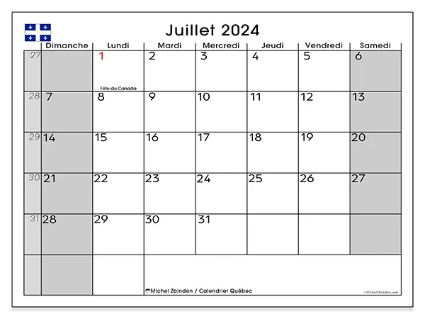 Calendrier Québec pour juillet 2024 à imprimer gratuit. Semaine : Dimanche à samedi.
