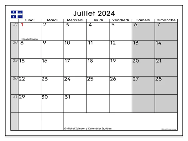 Calendrier Québec pour juillet 2024 à imprimer gratuit. Semaine : Lundi à dimanche.