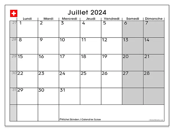 Calendrier Suisse pour juillet 2024 à imprimer gratuit. Semaine : Lundi à dimanche.