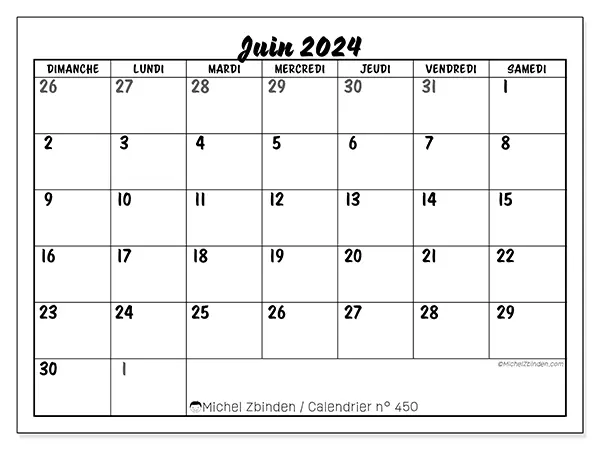 Calendrier à imprimer n° 450, juin 2024