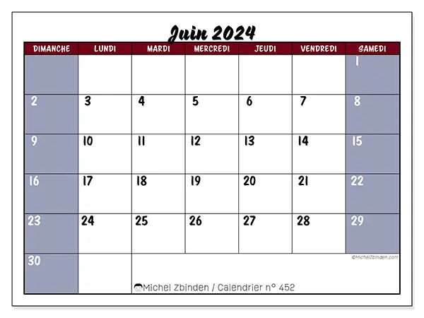 Calendrier n° 452 pour juin 2024 à imprimer gratuit. Semaine : Dimanche à samedi.