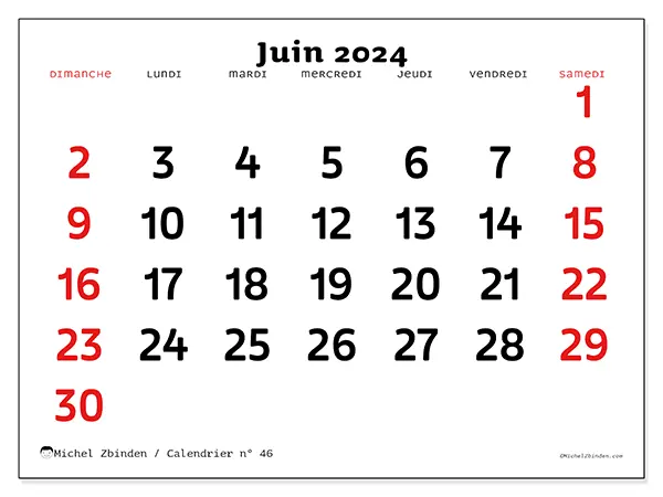Calendrier n° 46 pour juin 2024 à imprimer gratuit. Semaine : Dimanche à samedi.