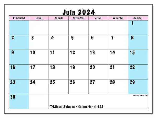 Calendrier n° 482 pour juin 2024 à imprimer gratuit. Semaine : Dimanche à samedi.