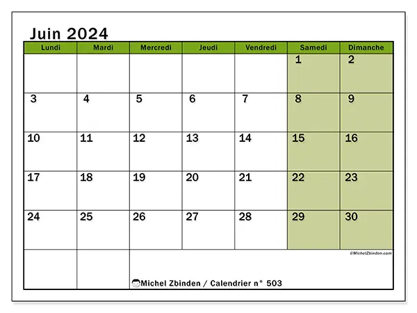 Calendrier n° 503 pour juin 2024 à imprimer gratuit. Semaine : Lundi à dimanche.