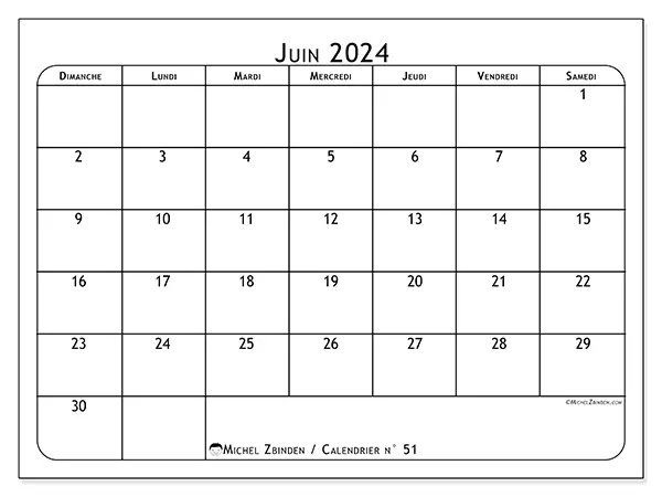 Calendrier n° 51 pour juin 2024 à imprimer gratuit. Semaine : Dimanche à samedi.