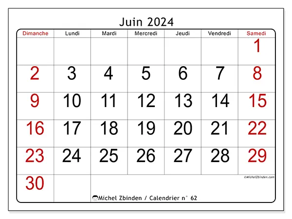 Calendrier n° 62 pour juin 2024 à imprimer gratuit. Semaine : Dimanche à samedi.
