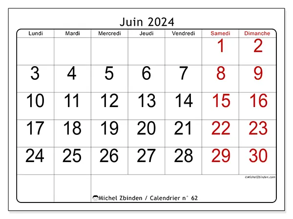 Calendrier n° 62 pour juin 2024 à imprimer gratuit. Semaine : Lundi à dimanche.