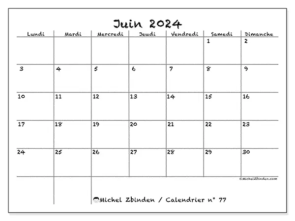 Calendrier n° 77 pour juin 2024 à imprimer gratuit. Semaine : Lundi à dimanche.
