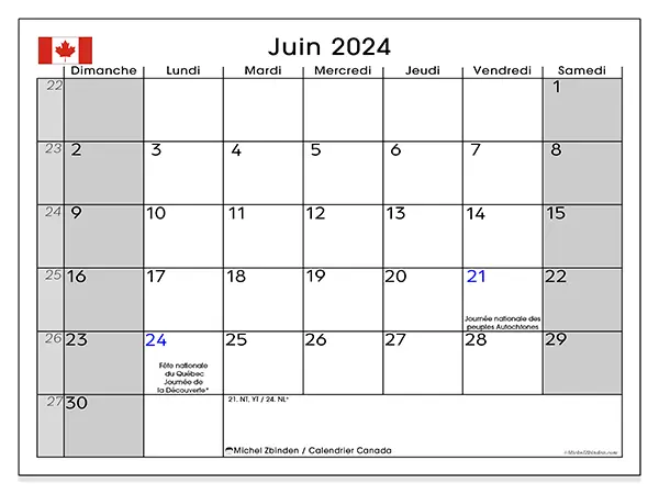 Calendrier Canada pour juin 2024 à imprimer gratuit. Semaine : Dimanche à samedi.