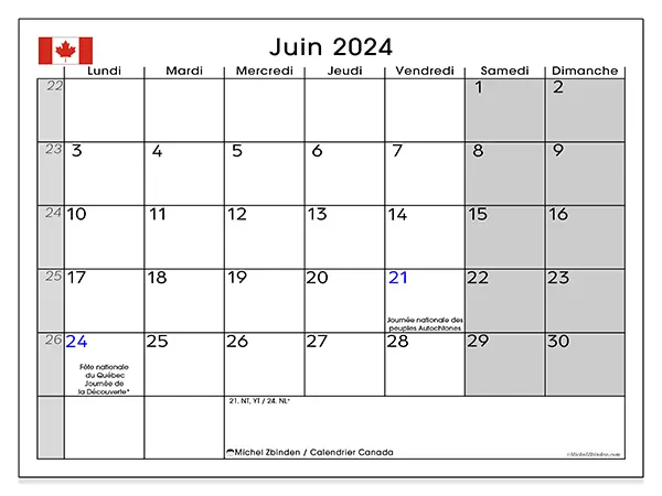 Calendrier Canada pour juin 2024 à imprimer gratuit. Semaine : Lundi à dimanche.