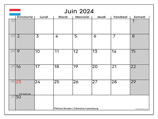 Calendrier Luxembourg pour juin 2024 à imprimer gratuit. Semaine : Dimanche à samedi.