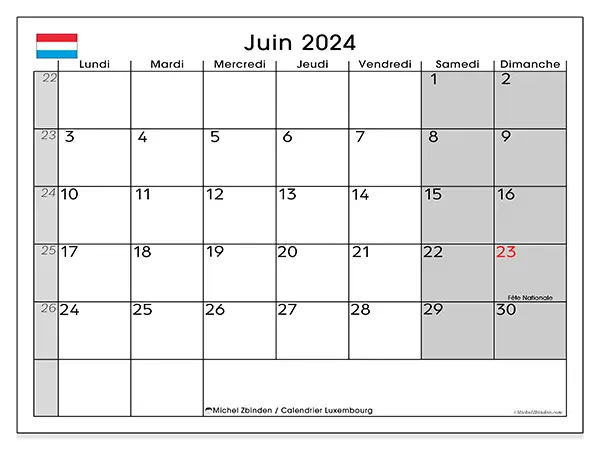 Calendrier Luxembourg pour juin 2024 à imprimer gratuit. Semaine : Lundi à dimanche.