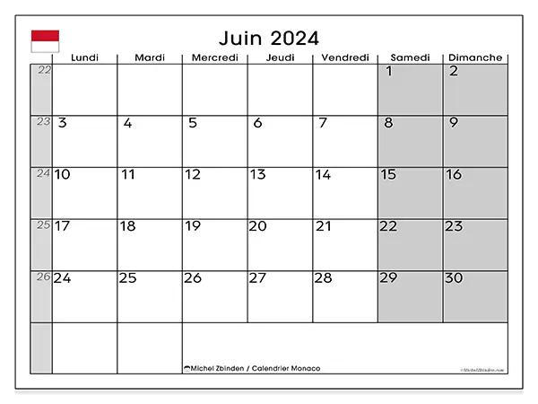 Calendrier Monaco pour juin 2024 à imprimer gratuit. Semaine : Lundi à dimanche.