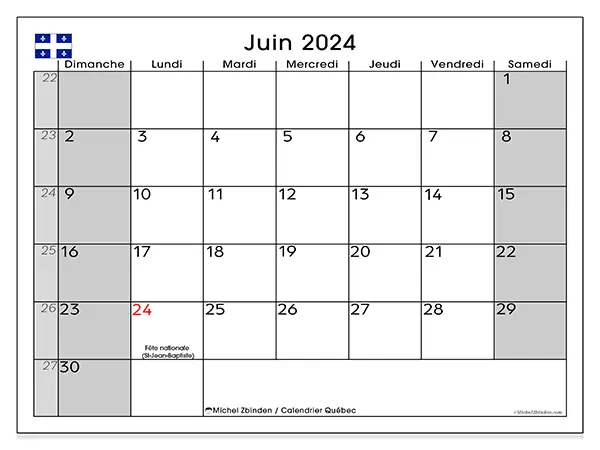 Calendrier Québec pour juin 2024 à imprimer gratuit. Semaine : Dimanche à samedi.