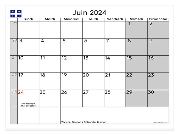 Calendrier Québec pour juin 2024 à imprimer gratuit. Semaine : Lundi à dimanche.