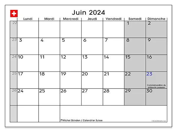 Calendrier Suisse pour juin 2024 à imprimer gratuit. Semaine : Lundi à dimanche.