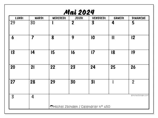 Calendrier n° 450 pour mai 2024 à imprimer gratuit. Semaine : Lundi à dimanche.