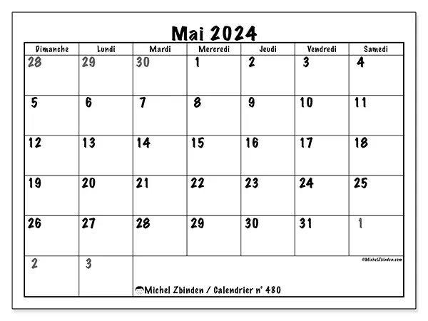 Calendrier n° 480 pour mai 2024 à imprimer gratuit. Semaine : Dimanche à samedi.