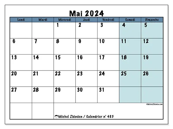 Calendrier n° 483 pour mai 2024 à imprimer gratuit. Semaine : Lundi à dimanche.