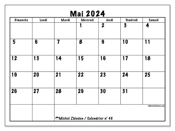 Calendrier n° 48 pour mai 2024 à imprimer gratuit. Semaine : Dimanche à samedi.