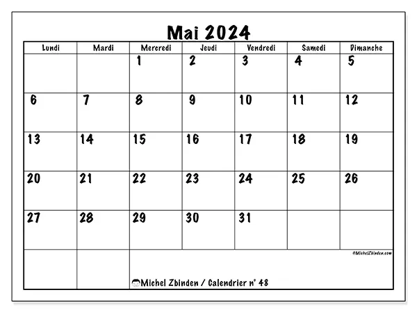 Calendrier n° 48 pour mai 2024 à imprimer gratuit. Semaine : Lundi à dimanche.