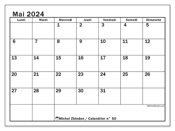 Calendrier n° 50 pour mai 2024 à imprimer gratuit. Semaine : Lundi à dimanche.