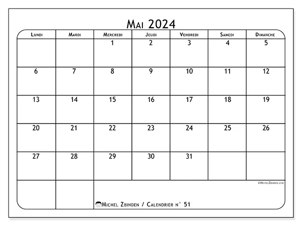Calendrier n° 51 pour mai 2024 à imprimer gratuit. Semaine : Lundi à dimanche.