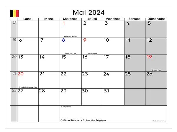 Calendrier Belgique pour mai 2024 à imprimer gratuit. Semaine : Lundi à dimanche.