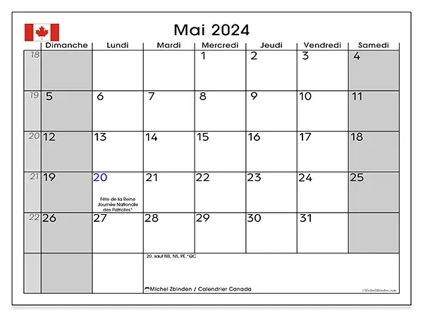 Calendrier Canada pour mai 2024 à imprimer gratuit. Semaine : Dimanche à samedi.