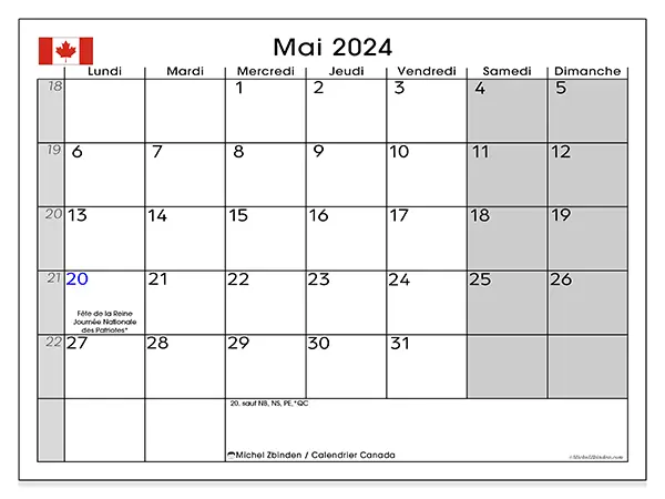 Calendrier Canada pour mai 2024 à imprimer gratuit. Semaine : Lundi à dimanche.