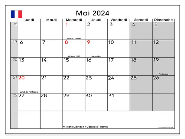 Calendrier France pour mai 2024 à imprimer gratuit. Semaine : Lundi à dimanche.