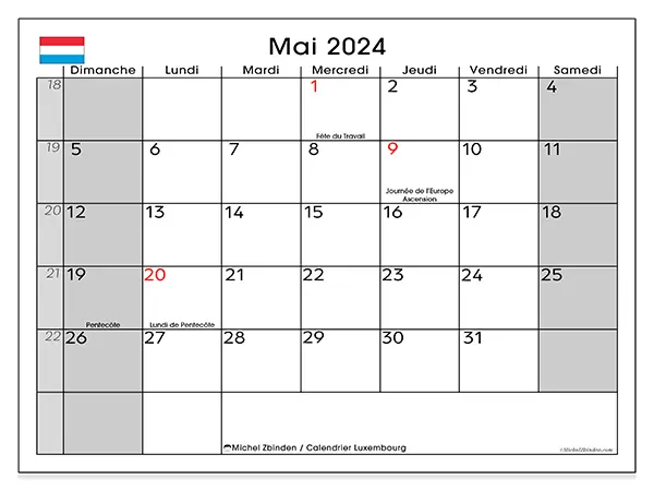 Calendrier Luxembourg pour mai 2024 à imprimer gratuit. Semaine : Dimanche à samedi.
