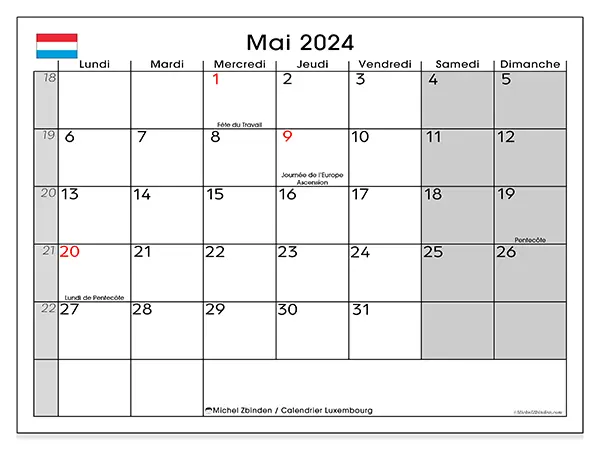 Calendrier Luxembourg pour mai 2024 à imprimer gratuit. Semaine : Lundi à dimanche.