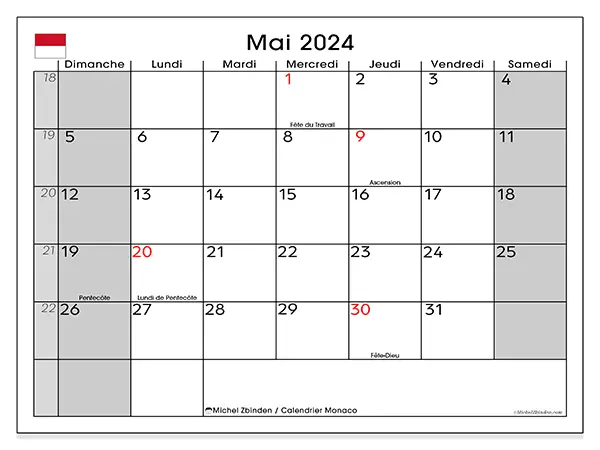 Calendrier Monaco pour mai 2024 à imprimer gratuit. Semaine : Dimanche à samedi.