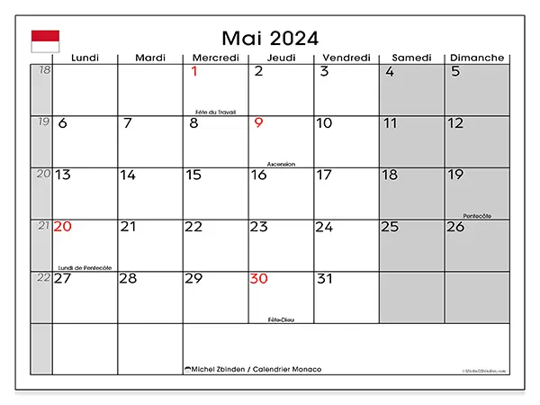 Calendrier Monaco pour mai 2024 à imprimer gratuit. Semaine : Lundi à dimanche.