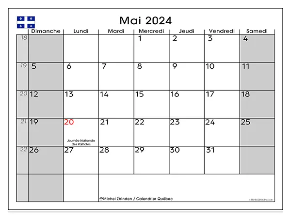 Calendrier Québec pour mai 2024 à imprimer gratuit. Semaine : Dimanche à samedi.