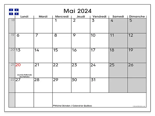 Calendrier Québec pour mai 2024 à imprimer gratuit. Semaine : Lundi à dimanche.