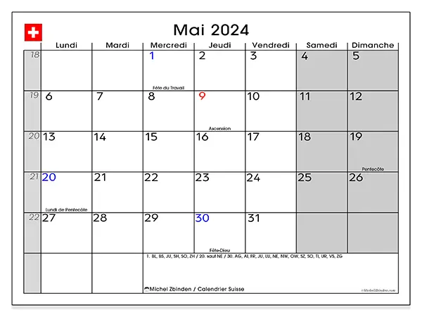 Calendrier Suisse pour mai 2024 à imprimer gratuit. Semaine : Lundi à dimanche.