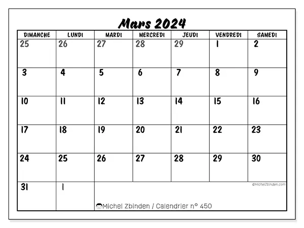 Calendrier n° 450 à imprimer gratuit, mars 2025. Semaine :  Dimanche à samedi