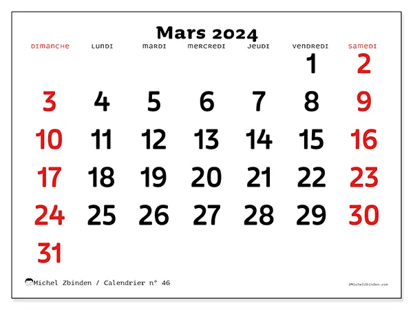 Calendrier n° 46 à imprimer gratuit, mars 2025. Semaine :  Dimanche à samedi