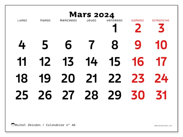 Calendrier n° 46 pour mars 2024 à imprimer gratuit. Semaine : Lundi à dimanche.