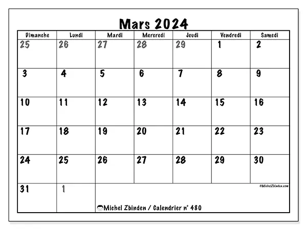 Calendrier n° 480 à imprimer gratuit, mars 2025. Semaine :  Dimanche à samedi