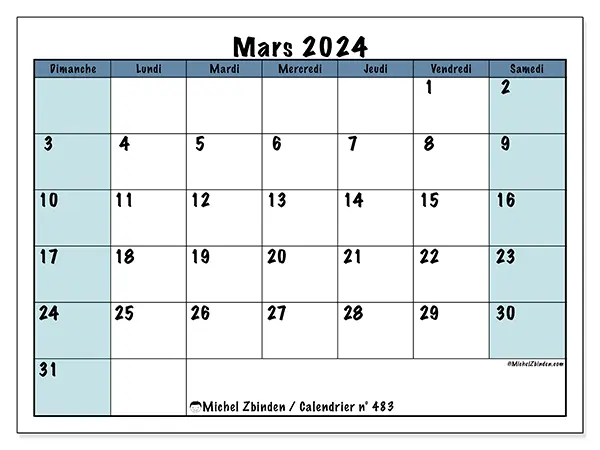 Calendrier n° 483 pour mars 2024 à imprimer gratuit. Semaine : Dimanche à samedi.