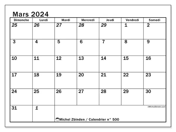 Calendrier n° 500 à imprimer gratuit, mars 2025. Semaine :  Dimanche à samedi