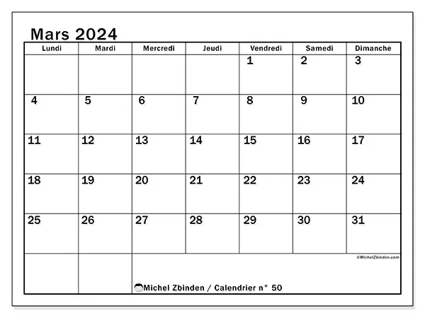 Calendrier n° 50 pour mars 2024 à imprimer gratuit. Semaine : Lundi à dimanche.