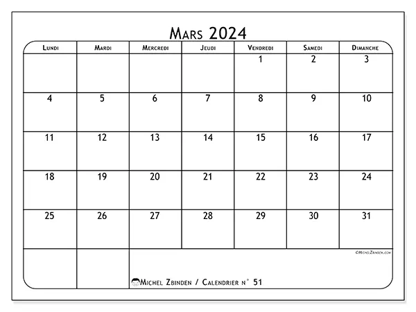 Calendrier n° 51 pour mars 2024 à imprimer gratuit. Semaine : Lundi à dimanche.