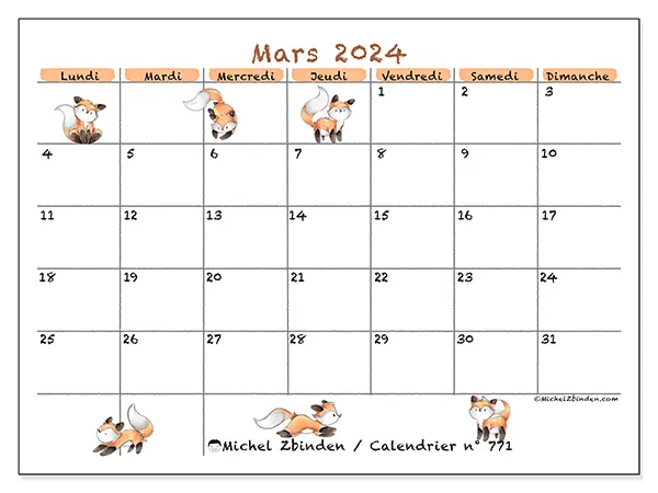 Calendrier n° 771 pour mars 2024 à imprimer gratuit. Semaine : Lundi à dimanche.