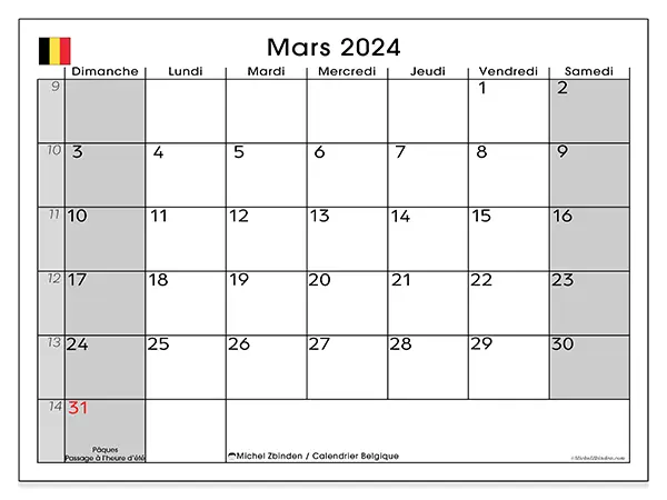 Calendrier Belgique pour mars 2024 à imprimer gratuit. Semaine : Dimanche à samedi.