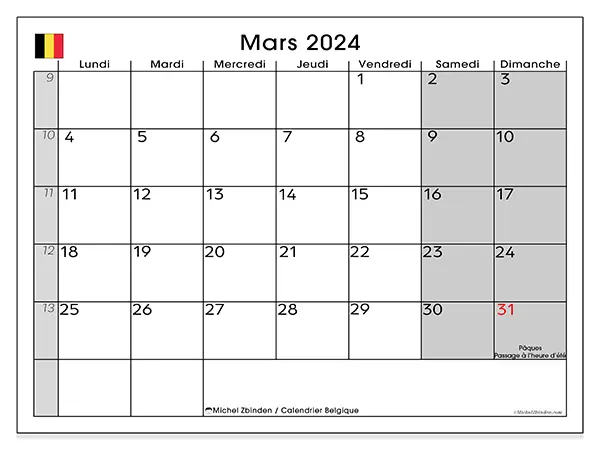 Calendrier Belgique pour mars 2024 à imprimer gratuit. Semaine : Lundi à dimanche.